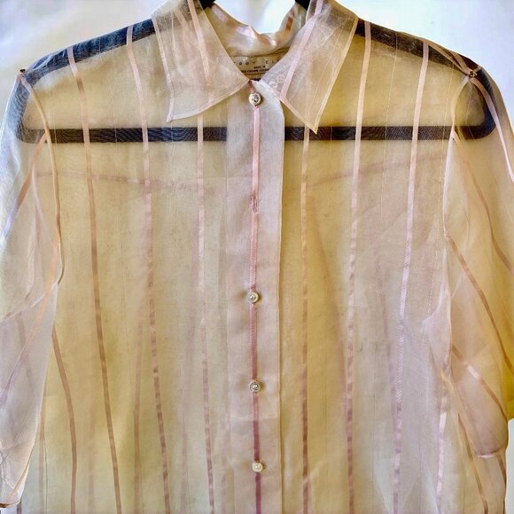 Perry Ellis SHEER SILK Blouse Pink Stripes Button Front Top Vtg 80's Womens 12 - Picture 8 of 11